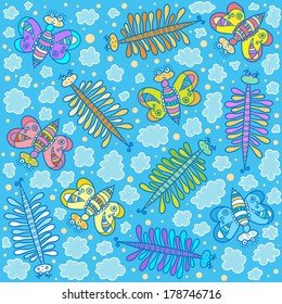 Pattern, decorative colored butterflies on a light blue background with clouds