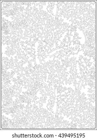 Pattern with decorative corals and sea or aquarium fish. Vector illustration. Coloring book for adult and older children. Outline drawing coloring page.