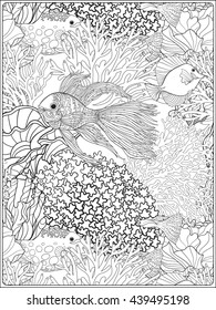 Pattern with decorative corals and sea or aquarium fish. Vector illustration. Coloring book for adult and older children. Outline drawing coloring page.