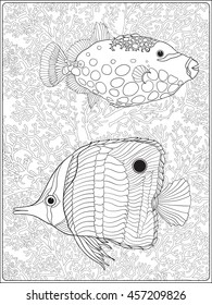 Pattern with decorative corals and sea or aquarium fish. Vector illustration. Coloring book for adult and older children. Outline drawing coloring page.