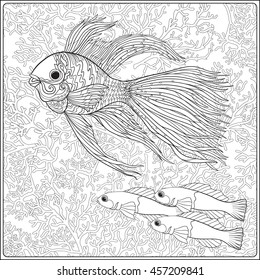 Pattern with decorative corals and sea or aquarium fish. Vector illustration. Coloring book for adult and older children. Outline drawing coloring page.