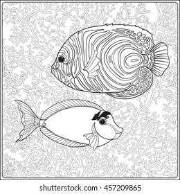 Pattern with decorative corals and sea or aquarium fish. Vector illustration. Coloring book for adult and older children. Outline drawing coloring page.