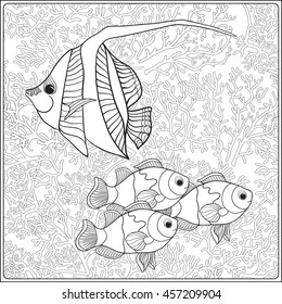 Pattern with decorative corals and sea or aquarium fish. Vector illustration. Coloring book for adult and older children. Outline drawing coloring page.