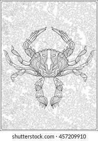 Pattern with decorative corals and sea or aquarium fish. Vector illustration. Coloring book for adult and older children. Outline drawing coloring page.