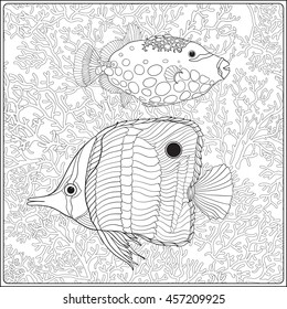 Pattern with decorative corals and sea or aquarium fish. Vector illustration. Coloring book for adult and older children. Outline drawing coloring page.