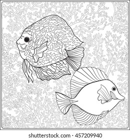 Pattern with decorative corals and sea or aquarium fish. Vector illustration. Coloring book for adult and older children. Outline drawing coloring page.