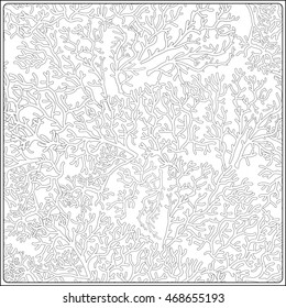 Pattern with decorative corals and sea or aquarium fish. Vector illustration. Coloring book for adult and older children. Outline drawing coloring page.