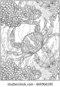 Pattern with decorative corals and sea or aquarium fish. Vector illustration. Coloring book for adult and older children. Outline drawing coloring page.