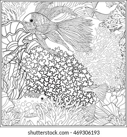 Pattern with decorative corals and sea or aquarium fish. Vector illustration. Coloring book for adult and older children. Outline drawing coloring page.