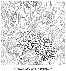 Pattern with decorative corals and sea or aquarium fish. Vector illustration. Coloring book for adult and older children. Outline drawing coloring page.