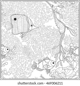 Pattern with decorative corals and sea or aquarium fish. Vector illustration. Coloring book for adult and older children. Outline drawing coloring page.