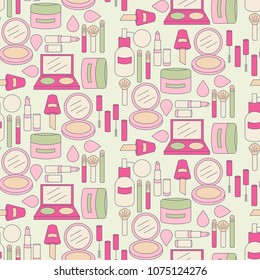 Pattern With Decorative Cosmetics in Flat Style. Collection of Make Up Products and Cosmetics Icons. Vector template for your design. 