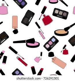 Pattern "decorative cosmetics". Lipstick, lip gloss, powder brush, blush, powder, lipstick, nail polish, foundation, eye shadow. Background for girls. Vector eps10.