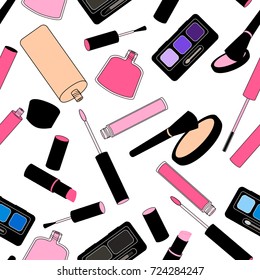 Pattern - decorative cosmetics. Mascara, lipstick, lip gloss, eye shadow, eyebrow shadow, foundation, brush, powder, blush, nail polish. Background for girls. Vector eps10.