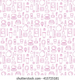 Pattern With Decorative Cosmetics in Thin Line Style. Collection of Make Up Products and Cosmetics Icons. Vector template for your design..