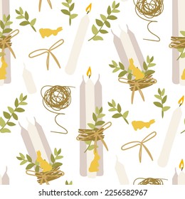 A pattern of decorative Easter candles with fire and decor for table decoration. A bunch of simple white candles with a tourniquet and a branch. Printing on textiles and paper. Gift packaging