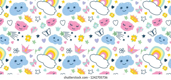 pattern with decorative elements rainbow, donut,  clouds, cupcake, butterfly,stars,crown,diamond, hearts, bow,flowers