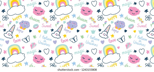 pattern with decorative elements rainbow, donut, ice cream, clouds, cupcake, butterfly,stars,crown,diamond, hearts, bow,flowers