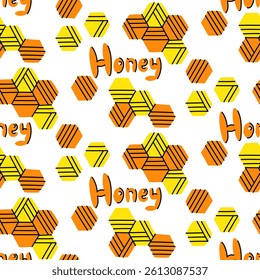 pattern of decorative flat honeycombs with decorative lines and honey lettering. Flat illustration in the form of doodles. natural beauty geometric elegance of beeswax. Texture seamless organic honey