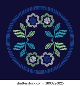 Pattern with decorative flowers. Design with manual hatching. Ethnic boho ornament. Textile. Vector illustration for web design or print.
