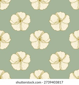 Pattern of decorative flowers, gold drawing on green pastel background, daisies or primroses. Retro 1970s with boho elements, characterized by natural and free feel, for fabric, wallpaper, or graphic backgrounds.