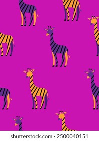 Pattern of decorative giraffes on purple background.