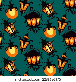 A pattern of decorative hanging street lights. Black garden lamps in different styles of Art Nouveau, classic, minimalism. Street lamp. An old-style metal lamp. Halloween gift wrapping on a blue