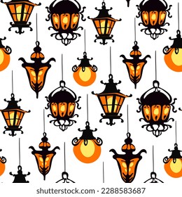 A pattern of decorative hanging street lights. Black garden lamps in different styles of Art Nouveau, classic, minimalism. Street lamp. An old-style metal lamp. Halloween gift wrapping on a white