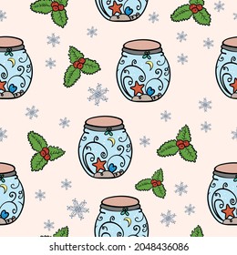 Pattern with Decorative Jar and Mistletoe, Vector Seamless Illustration
