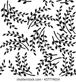 Pattern of the decorative leaves and twigs. Black and white version. Vector seamless patterns. Stylish graphic texture.