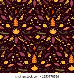 A pattern of decorative leaves, twigs and elements on a dark burgundy background hand-drawn in children's technique