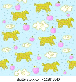 Pattern decorative light green horse on the sky with clouds and pink apples.