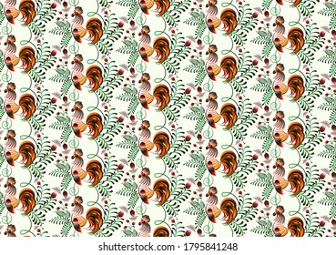 Pattern with decorative pillows with floral patterns.Decorative colorful rooster with floral ornament.Vintage illustration