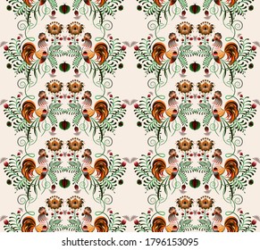 Pattern with decorative pillows with floral patterns.Decorative colorful rooster with floral ornament.Vintage illustration