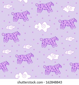 Pattern decorative purple horse on the sky with clouds.