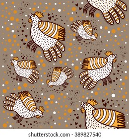 Pattern with decorative roosters on a gray-brown background with orange and white dots