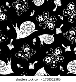 pattern decorative snails, mushrooms, butterflies