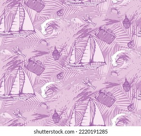 Pattern dedicated to summer holidays.   In style Toile de Jou. Vector illustration. Suitable for fabric, wrapping paper and the like