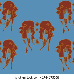 pattern deep blue background and brown human-pigeon 