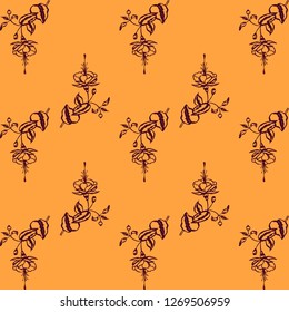 Pattern of deep purple fuchsia flower silhouette  on orange background. colorful botanical Vector illustration 