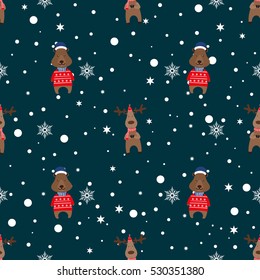 Pattern with deer and bear. Snowflakes around. Christmas
