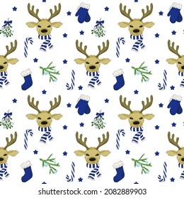 Pattern with a deer in a blue Christmas hat, mistletoe, candy canes, mittens, and Christmas socks on a white background