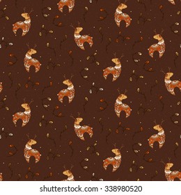 The pattern of deer with flowers and ornaments. Dark background with bright deer.