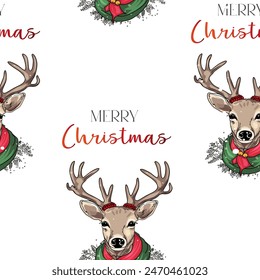 Pattern of a deer with a head and a wreath with the inscription "Merry Christmas". Christmas seamless pattern