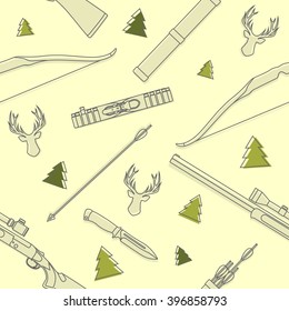 Pattern with deer heads, hunting equipment and weapons isolated on yellow background.