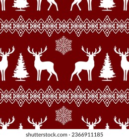 Pattern with deer and ornament.Vector seamless pattern with Christmas ornament and deer on a red background.