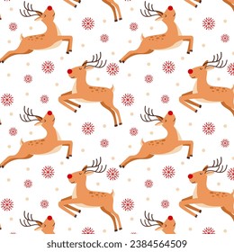 Pattern with deer. Running Christmas reindeer with snowflakes in flat style. Rudolph the reindeer.