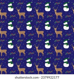 Patrón con ciervos y muñecos de nieve. Accesorios de Año Nuevo para las vacaciones. Navidad. Ilustración vectorial. Para empaques, tarjetas, saludos e invitaciones, páginas web y redes sociales.