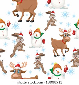pattern with a deer and a snowman and a rabbit. Christmas