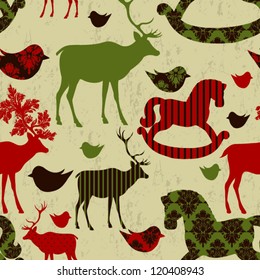 Pattern with deers and rocking horses Retro Christmas pattern Seamless christmas background